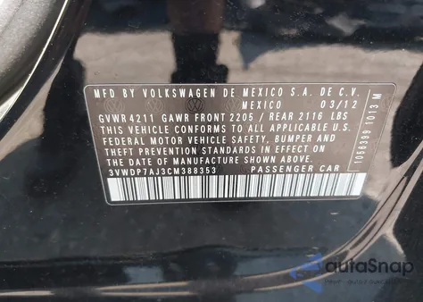 2012 Volkswagen Jetta 2.5L Se from USA, damaged, VIN 3VWDP7AJ3CM388353
